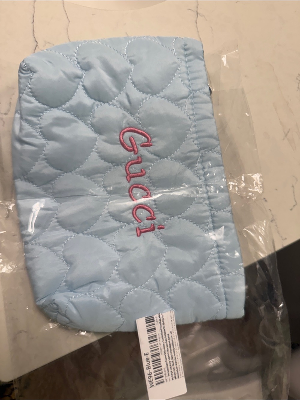 Light Blue Quilted Heart Cosmetic Pouch - Soft Zipper Makeup Bag